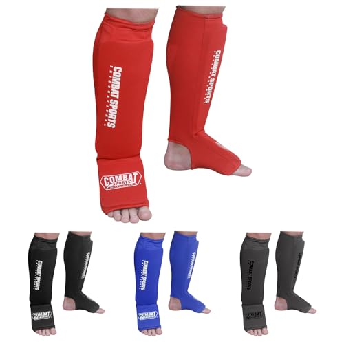 Combat Sports Protetores de canela laváveis MMA para treinamento no peito do pé, médio, vermelho