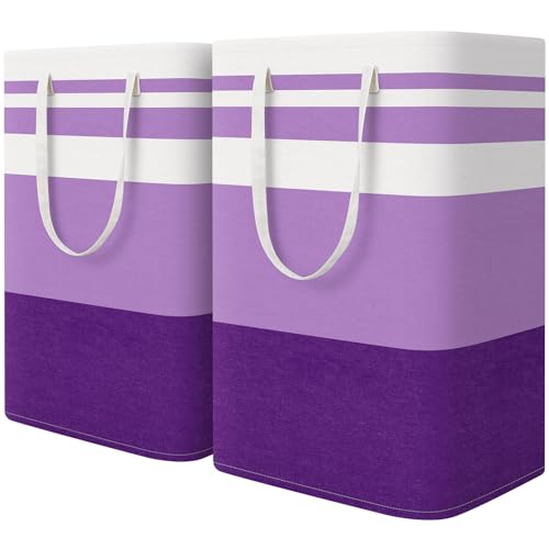HomeHacks 2 Pack Large Laundry Baskets, Waterproof, Freestanding Laundry Hampers, Collapsible Clothes Hamper with Reinforced Handles in Laundry, College Dorm, Bathroom, Bedroom (Purple, 75Lx2)
