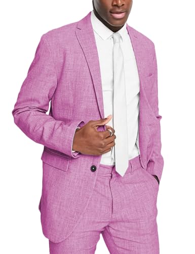 Mens 2 Piece Linen Suits for Men Slim Fit Casual Beach Wedding Summer Grooms Groomsmen Linen Blazer Pants Suit