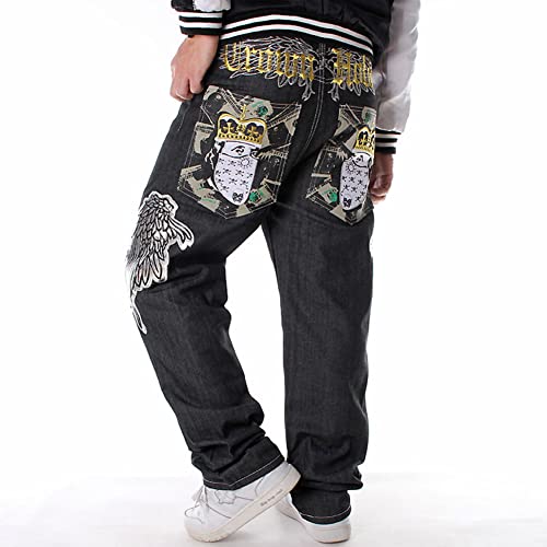 Ruiatoo Men's Hip Hop Baggy Jeans Denim With Embroidered Wing Print Loose Fit Black Jeans 38 #TOP3