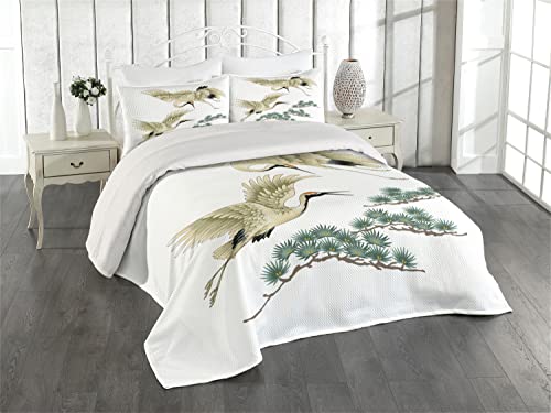 Lunarable Bird Coverlet Set King Size, Two Japanese Cranes Flying Traditional Painting Style Far Eastern Illustration, 3 Piece Decorative Quilted Bedspread Set With 2 Pillow Shams, Black Ivory #TOP6