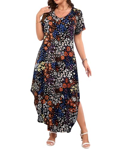Image of JollieLovin Womens Plus Size Casual Summer Maxi Long Dress Short Sleeve T-Shirt Loose Sun Dress(L-5X)