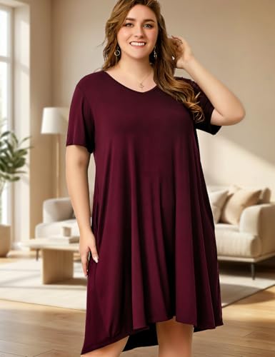 Image of OVERWORETY Womens Short Sleeve Plus Size T-Shirt Dress V Neck Casual Loose Swing A-Line Summer Tunic Dresses with Pockets