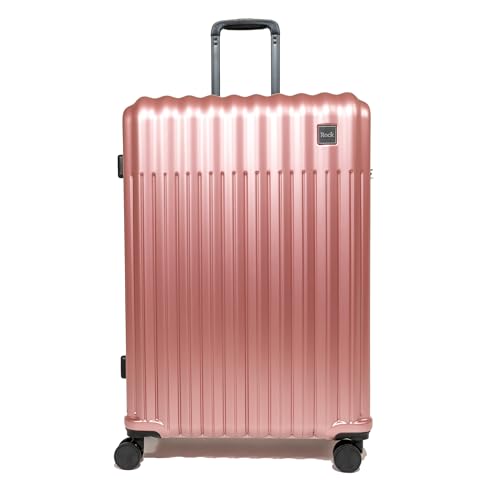 Image of Rock Luna Large Hard Shell Suitcase in Pink – Lightweight Durable ABS Case with TSA Lock, 8 Spinner Wheels & Telescopic Handle – Metallic Checked Luggage