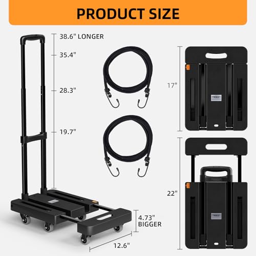 Folding Hand Trucks, Heavy Duty Dolly Cart with 6 Wheels & 2 Elastic Ropes, Foldable & Ideal for Luggage, Travel, Moving, Shopping, Office Use, Hold Up to 500 LB, Easy to Store, Coal Black