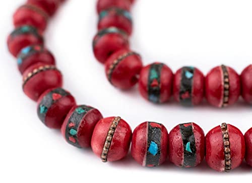 The Bead Chest Red Inlaid Bone Mala Beads 10mm Nepal