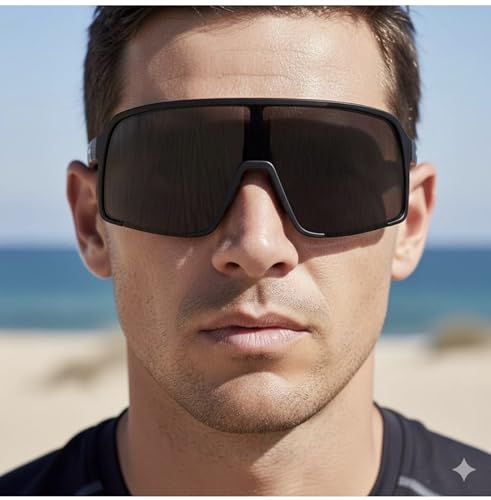 Image of Non Polarized Mirrored Oversized Sports Sunglasses for Men Women, Outdoor Cricket Cycling Hiking Fishing Running Driving Baseball UV 400 Protection Anti Glare Goggles (BLACK)