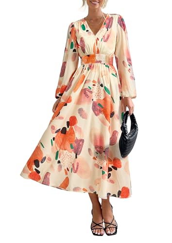 PRETTYGARDEN Women's Floral Midi Dress Casual Fall V Neck Long Sleeve Flowy Spring Beach Wedding Guest Vacation Dresses
