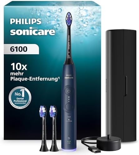 Philips Sonicare Series 6100 Elektrische Zahnbürste - Technologie der nächsten Generation, Drucksensor, 6 Putzeinstellungen, SmarTimer, BrushPacer, 21 Tage Laufzeit, Reiseetui, Mar