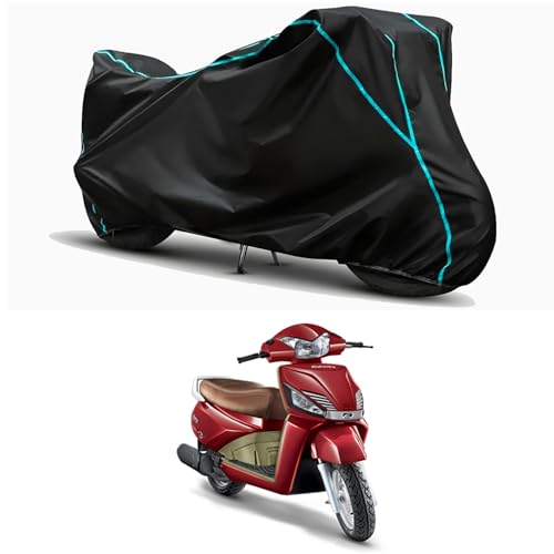 Image of Waterproof Bike Body Cover Compatible for | Mahindra Gusto VX | Taffeta Fabric, Sky Piping Design, Bottom Elastic Fit | Dustproof, Sun UV & Rain Protection for All Weather.