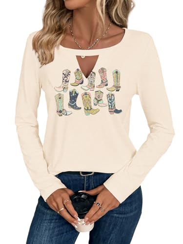 Binshre Cowboy Chic Keyhole Sexy V Neck Country Concert Tops for Women Vintage Western Cowgirl Cartoon Boots Shirts Casual Long Sleeve Graphic Tees Beige