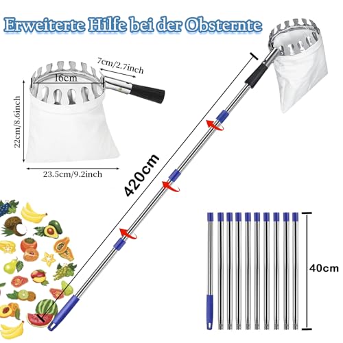4,2m Obstpflücker mit Teleskopstiel, Apfelpflücker, Kirschenpflücker mit Leichter Edelstahl Teleskoppfahl und Baumwollbeutel, Fruit Collector, Obstgreifer Einfach zu Montieren, Pflaumenpflücker