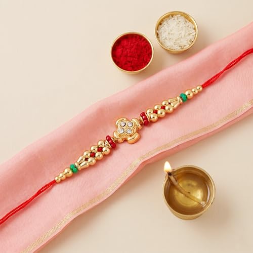 Image of Lucky Jewellery Rakhi for Brother, Golden Floral Stone Design, Red Thread, with Roli Chawal and Greeting Card