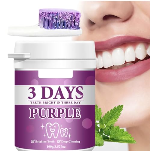3 Days Purple Teeth Whitening Powder with Baking Soda, Mint, Pearl Essence, Deep Cleaning Formula, 100g/3.527oz