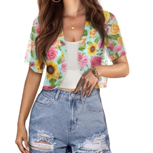 Image of Womens Short Sleeve Cardigans Lightweight Summer Cardigan Trendy Bolero Shrug Cute Floral Cardigan Sheer Bolero