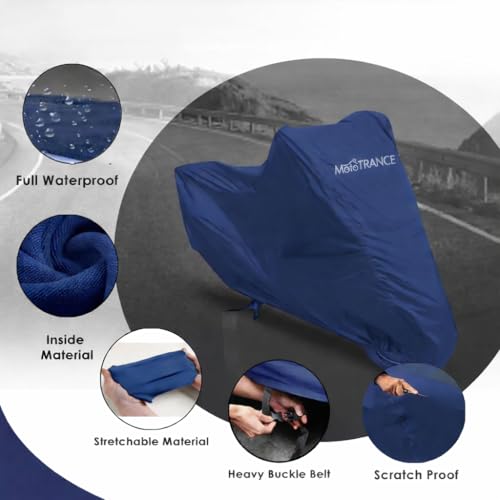Image of Mototrance All Weather Protection Two Wheeler Cover for All Bikes /Royal Enfiled /Upto Pulsar 160CC to 350CC | Anti Dust, 100% Waterproof, Heat Resistant, UV Proof with Mirror Pocket | Atom Blue