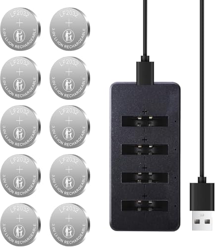 TEMIBATT CR2032 Batteries 3V 45mAh 10 Pack with Charger,Rechargeable Ml2032 cr2032 Lithium 3v Coin