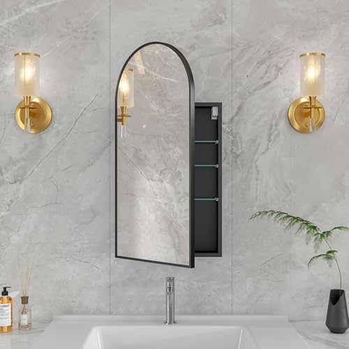 FUNFOLLOW 16 x 32 Black Bathroom Medicine Cabinet with Mirror,Arched