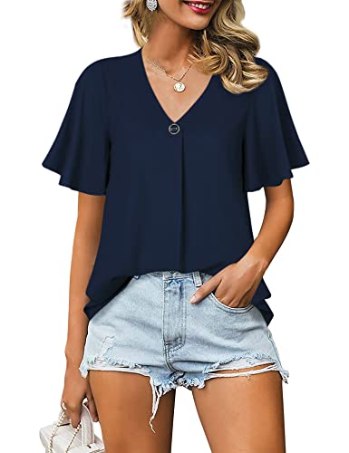 Bebonnie Short Sleeve Long Dark Blue Chiffon Loose Tops,Pretty Womens Casual Business Office Wear Dressy Top Summer Fashion Flutter Short Sleeve V Neck Loose Fit Chiffon Blouse Tops Deep Blue M #TOP14