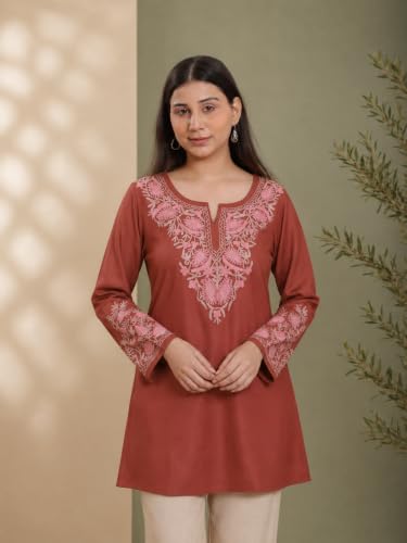 Image of QAZMI Women Aari Embroidered Viscose Rayon A-Line Full Sleeves Short Kurti