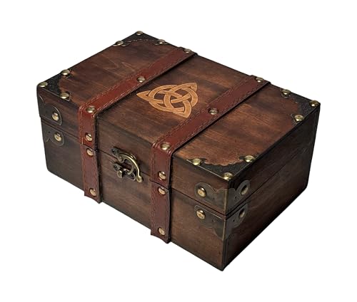 vuagmiv Triquetra - Scatola in legno e pelle incisa, scatola in legno con fodera in velluto, scatola per riporre oggetti e attrezzi e scatola dei ricordi