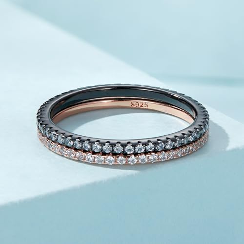 WOSTU 2MM Thin Band Eternity Rings 925 Sterling Silver Black Cubic Zirconia Egagement Rings Wedding Anniversary Stackable Rings Christmas Gifts for Her4
