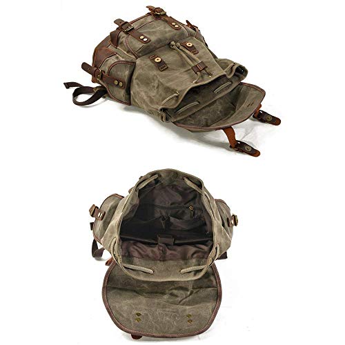 Foto von Mens Waxed Canvas Leder Rucksack für Männer Wax Leather Rucksäcke Travel Vintage Bookbag mit Laptopfach Rustikal Large Waterproof,ArmyGreen