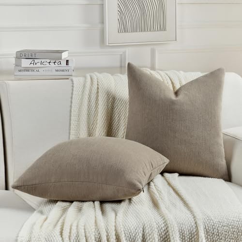 FUTEI Coffee Chenille Decorative Throw Pillow Covers 18x18 Inch Set of 2,Soft Cozy Faux Linen Textured Cushion Case,Farmhouse Home Decor for Couch Living Room