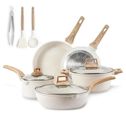 CAROTE Pots and Pans Set Nonstick, White Granite Induction Kitchen Cookware Sets, 11 Pcs Non Stick Cooking Set w/Frying Pans & Saucepans(PFOS, PFOA Free)