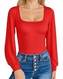 MANGOPOP Square Neck Puff Sleeve Bodysuit Loose Lantern Long Sleeve Body Suit for Women for Going Out, Red, Small
