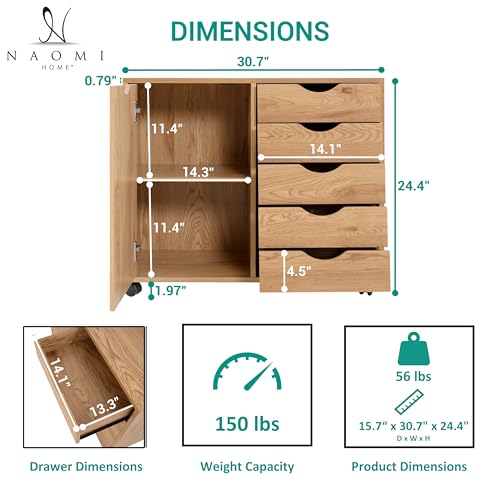 Image of Naomi Home Under Desk Rolling Office File Cabinet with 5 Drawers & Side Storage Cabinet, Mobile Organizer with Shelves & Swivel Casters for Home Office - Natural