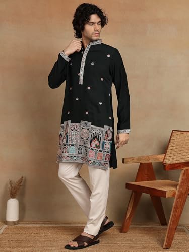 Image of Amazon Brand - Tavasya Men Printed Kurta with Ethnic Motif Border | Special Haldi Kurta | Festive Embellished Long Kurta | Embroidery Kurta | Ethnic Wear | Mandarin Collar | Knee Length