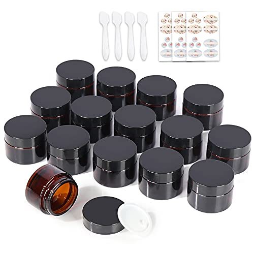 Haneye 1 oz Amber Round Glass Jars, Pack of 15 with Black Lids, Cosmetics Containers for Face Cream Lotion, Powder, Candle, Body Butter