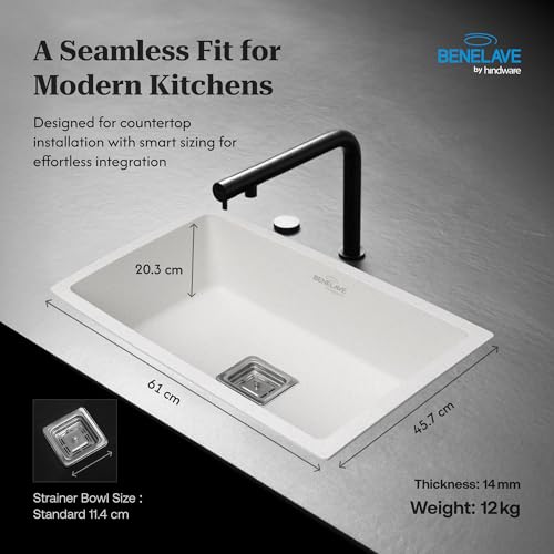 Image of Benelave by Hindware BLACP91003 Quartz Sink 24x18 for Kitchen | Single Bowl | Star Dust Color | Better Sound Absorption for Quieter Use | 7-year Manufacturer Warranty