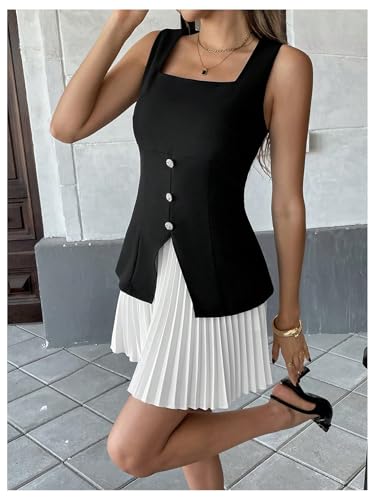 MakeMeChic Women's Color Block Tank Dress Square Neck Pleated Split Business Mini Dresses2