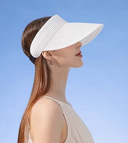 Womens Sun Visor Hat Straw Hats Sun Visors For Women Upf 50+ Summer Packable Ponytail Beach Hats For Women Travel White #TOP1