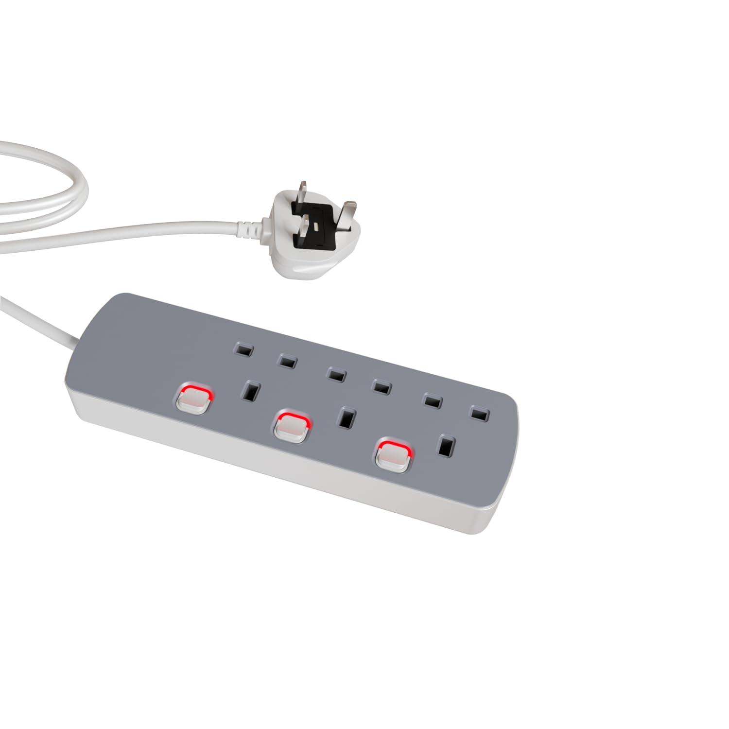 rhinocables 3 Gang Individually Switched UK Mains Extension Lead, Power Switch Extender with 3 sockets Grey/White (5m)