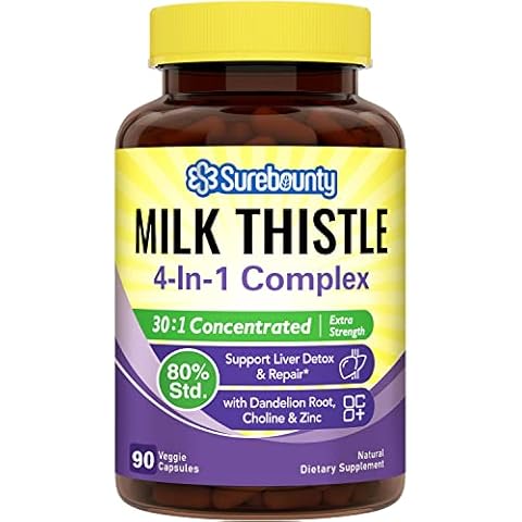 Surebounty 4-in-1 Milk Thistle Complex for Men & Women, 30X Milk Thistle Extract (80% Silymarin), with Dandelion, Choline, Zinc, Liver Detox & Repair, Non-GMO, Once Daily, 90 Veggie Caps Cover