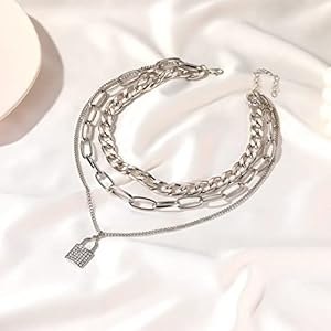 Vembley Stylish Silver Triple Layered Chunky Chain Studded Lock Pendant Necklace for Women and Girls 4 41csrCauo9L. SL500 . SS300