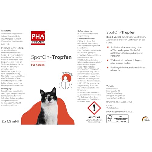 PHA Spot On für Katzen – Natürliches Floh- Zeckenmittel Katzen, Schutz gegen Flöhe, Zecken & Milben mit Neemöl & Laurinsäure, Zeckenschutz Katze, Anti Floh Katze, 2 Tuben à 1,5 ml