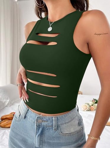 Image of LovelyWholesale Women Sexy Cut Out Crop Tank Tops Crew Neck Summer Sleeveless Top