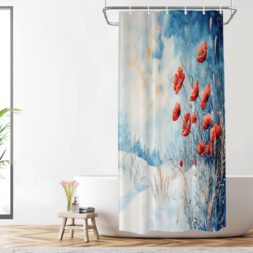 Shrahala Winter Poppy Polyester Shower Curtain, Blue Sky Snow Withered Grass Bath Curtain Waterproof with Plastic Rings for Shower Stall Bathtubs 72 X 36 in