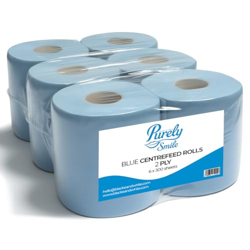 Blake & White Centrefeed Blue Rolls 6 Pack - Purely Smile 2 Ply Tissue Roll for Wiping Surfaces & Drying Hands - 300 Sheets Strong & Ultra Absorbent Blue Roll | PS1216