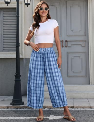 Image of TARSE Women's Plaid Cotton Linen Wide Leg Pants with Pockets