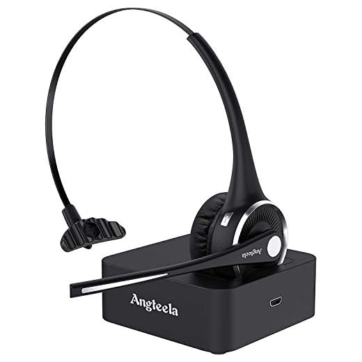 Trucker Bluetooth Angteela Headset with Microphone, Wireless Cell Phone Headset with Noise Canceling Mic Charging Base Mute Function for Home Office Call Center Skype