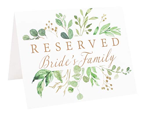 Reserved Wedding Table Sign | Set of 6 Watercolor White and Gold with Eucalyptus Greenery Signs Including Seating for Bride's Family Groom's Family and Wedding Party | Freestanding Double Sided