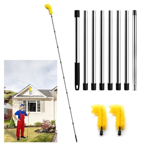 Gutter Cleaning Tools, 10.5 feet Long Gutter Cleaning Tools with 8 Stainless Steel Tubes and 2 Brushes, Gutter Cleaner Ability for Roof Leaves and Debris-Yellow