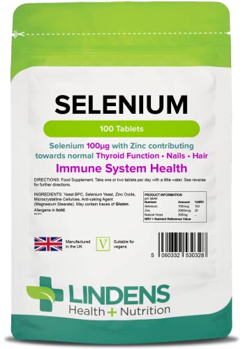 Lindens Selenium 100mcg & Zinc - 100 Vegan Tablets - Healthy Skin, Nails, Hair, Thyroid, Immune Health | Made in The UK | (3 Months Supply) | Letterbox Friendly