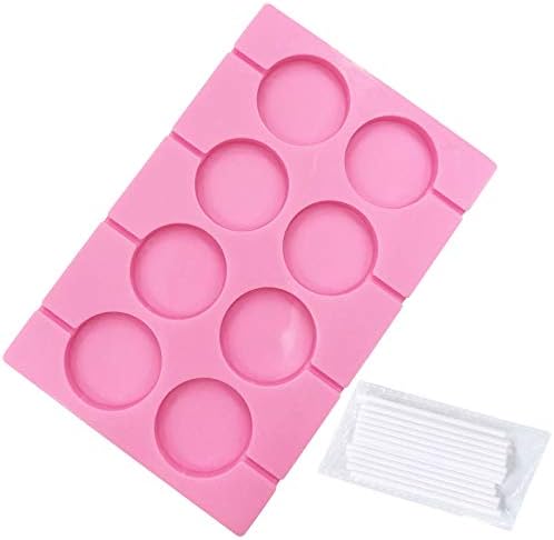[NEW VERSION] C-CO 8-Capacity Jumbo Round Silicone Lollipop Molds, Chocolate Hard Candy Mold with Sucker Sticks for Baking (Pink, 1pcs)