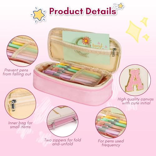 Image of Pencil Case,Personalized Pencil Pouch Cute Aesthetic College School Supplies,Large Storage High Capacity Pen Bag Holder Box Organizer Special Cases Gifts for Girls Teens - Beige+Pink,R